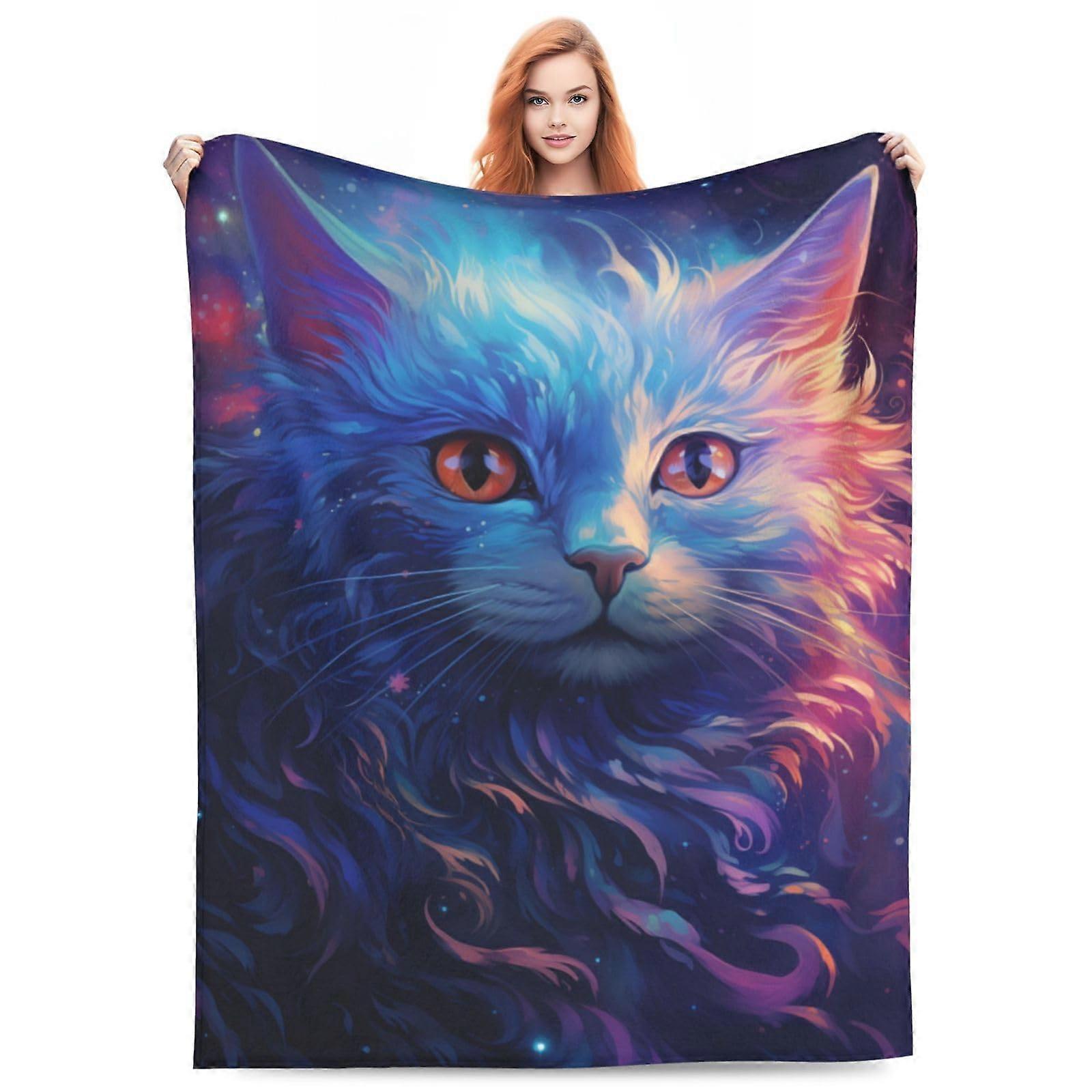Abstract Space Cat Blanket Gifts for Cat Lovers Colorful Galactic Flannel Throw