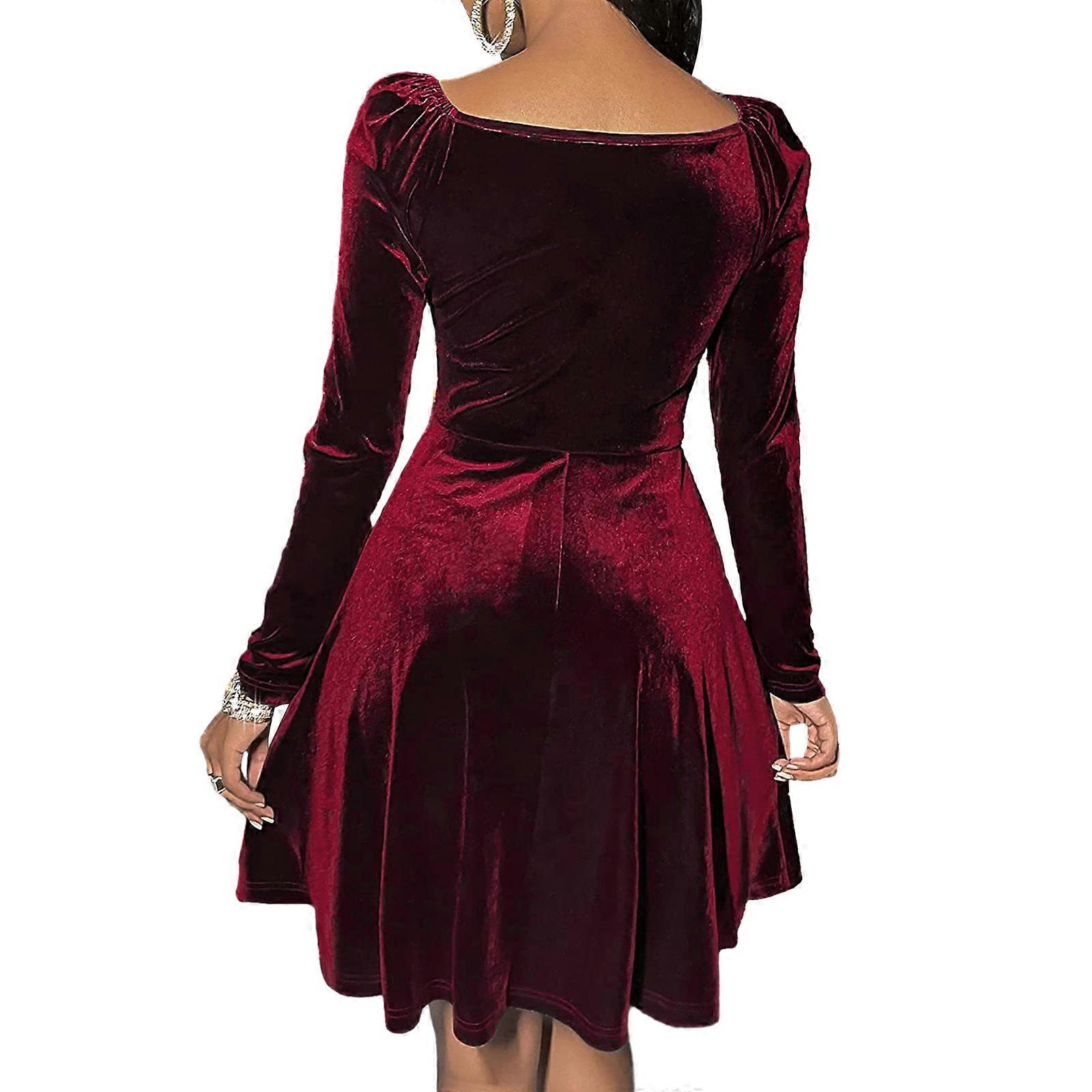 Kadınlar Uzun Kollu Büzgülü V-Yaka Sarma Bel Midi Elbise Flared Hem A-Line Slim Fit Evenign Kokteyl Parti Salıncak Elbiseler Kırmızı XL