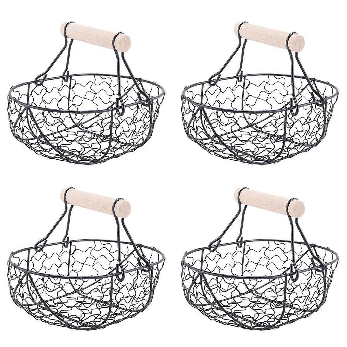 Wooden Handle Metal Retro Basket Portable Multi-Function Vegetable Fruit Egg Groceries Practical Sto