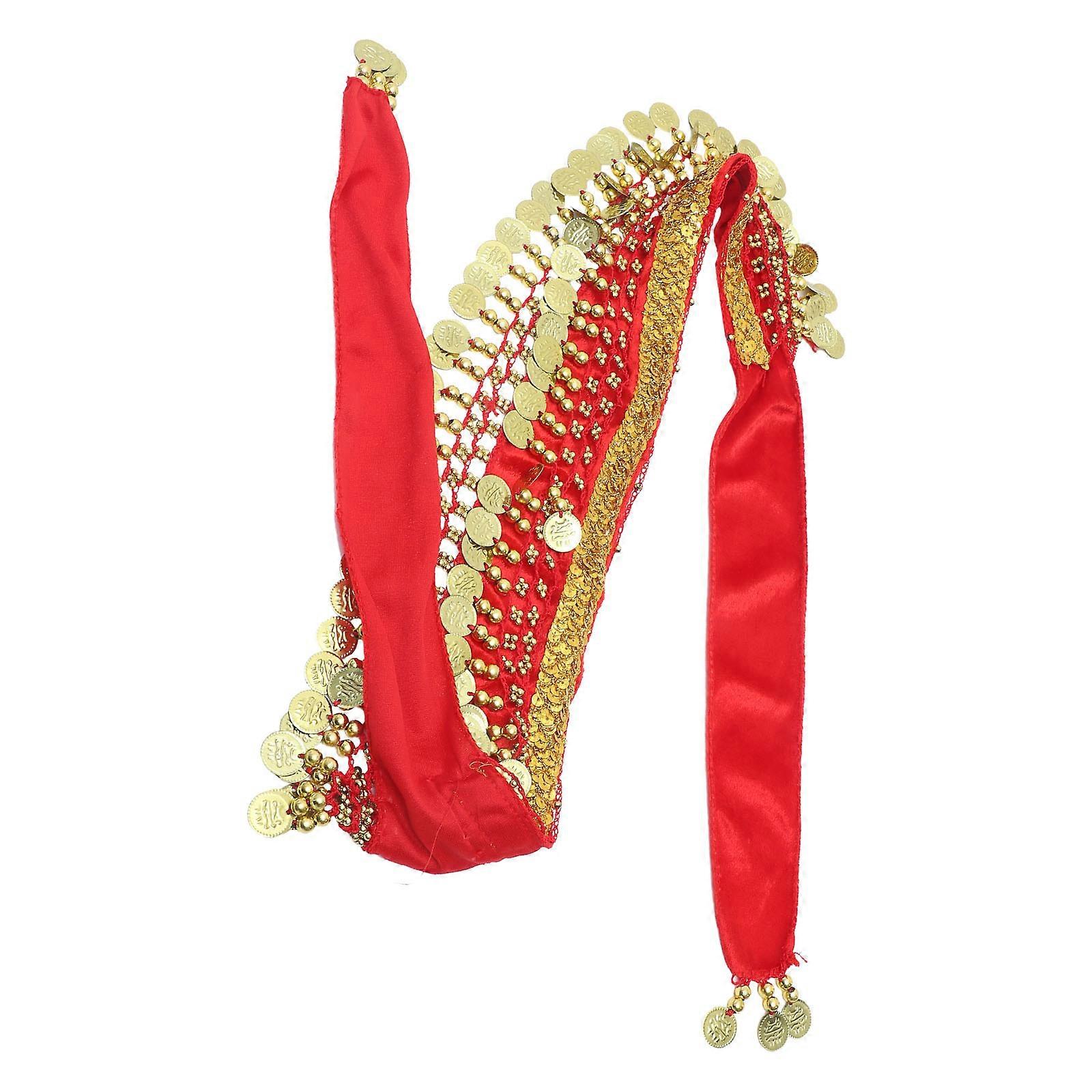Red Polyester Dance Scarf for Kids with Coin Drops Perfect for Belly Dancing and Stage Performance