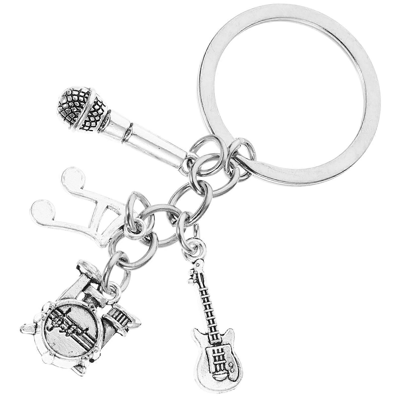 Unique Music Theme Key Chain with Mini Bass Guitar and Microphone Pendant for Decor Silver Alloy