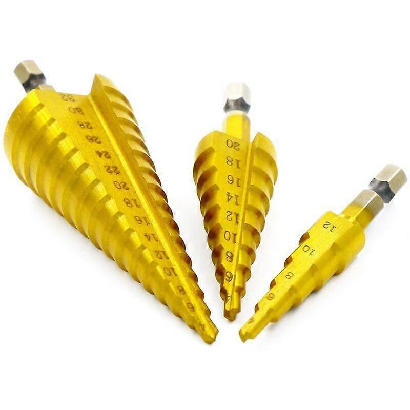 3Pcs HSS Step Drill Bit Set with Titanium Coating, Universal Hex Shank, 4mm-12/20/32mm with Nylon Bag for Plastic, PVC, Wood