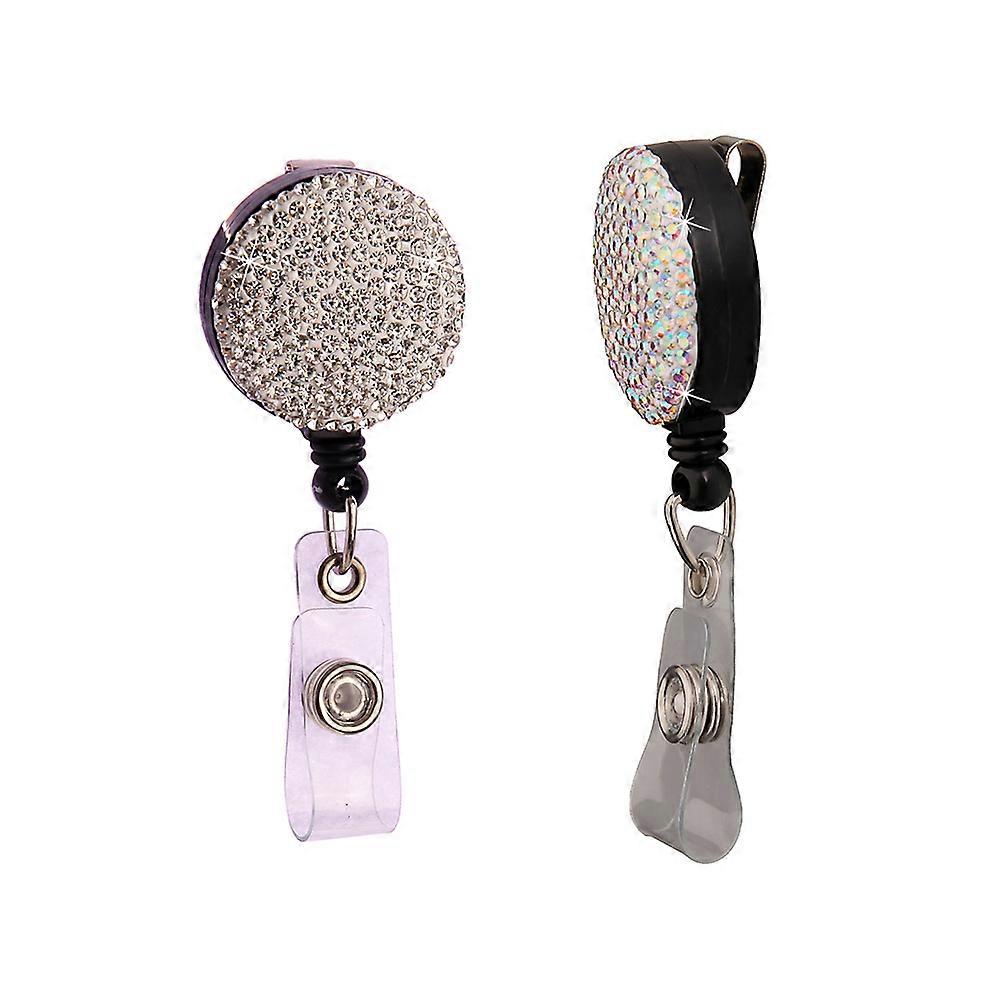2Pack Retractable Round Badge Clips With Rhinestone Design Perfect For Work And Events Such As Concerts And Seminars Compact Size 8X3.2Cm