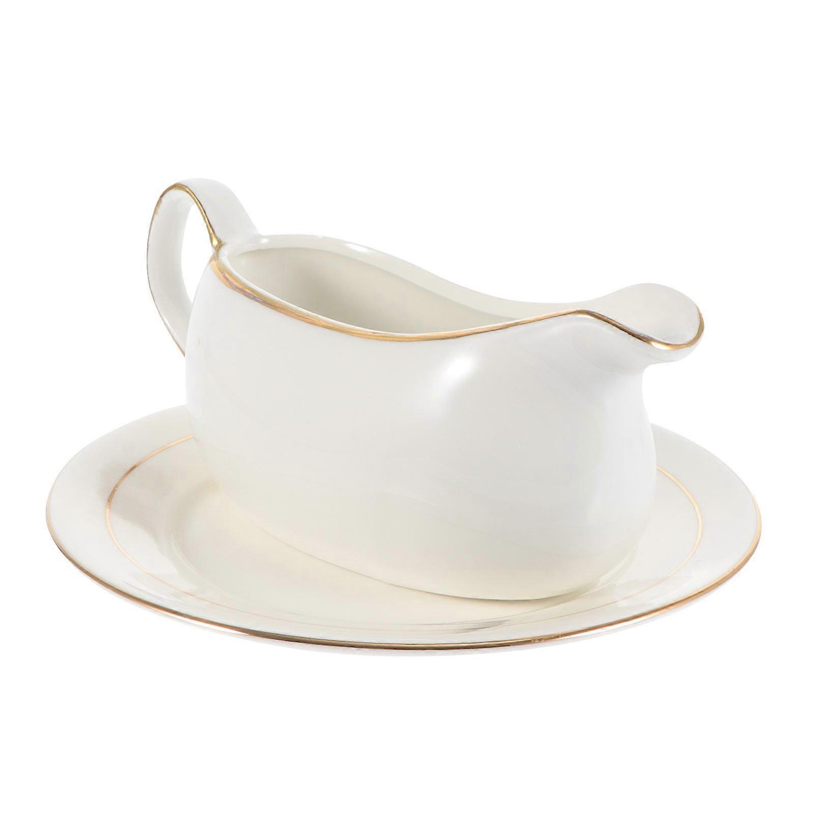 1 Set Ceramic Sauce Boat with Tray, Elegant Gravy Container for Dressings, Ergonomic Handle for Easy Serving at Home or Restaurant Dining