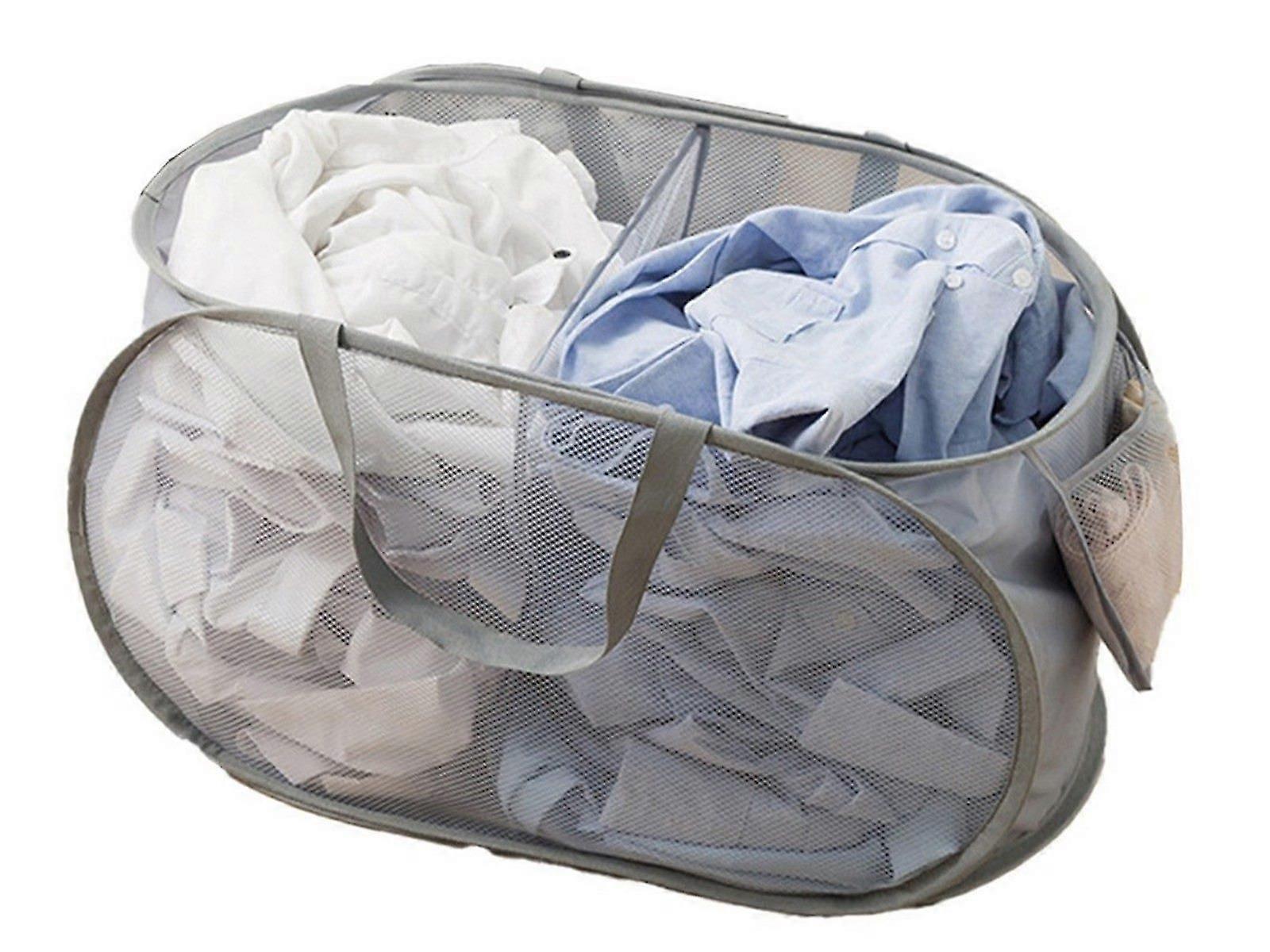 2-Compartment Popup Laundry Basket Collapsible Mesh Clothes Storage Basket Grey