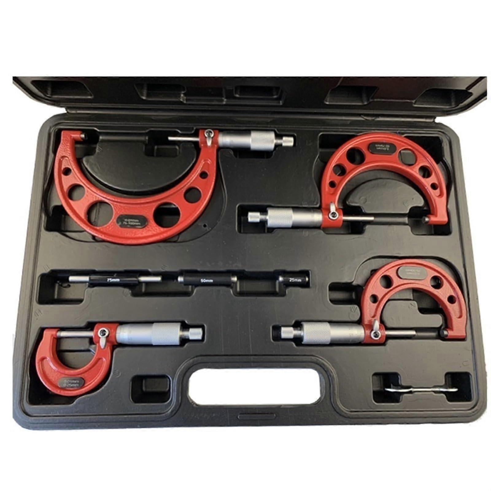 Micrometer 025mm50mm75mm100mm Outside Micrometer Set with Standards Ratchet Stop 0100mm Range 0.01mm Graduation (4 Piece Set) Red