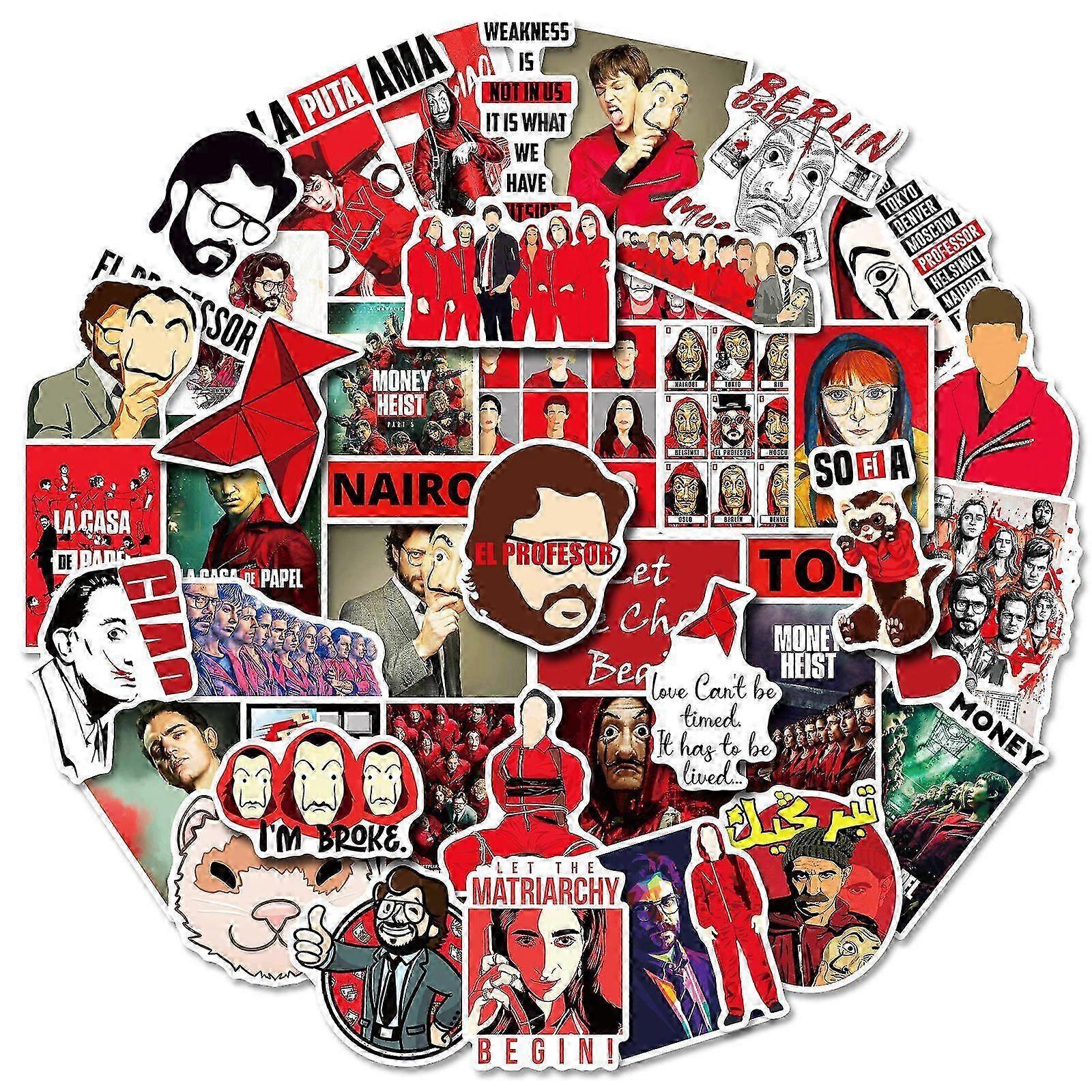 Money Heist Stickers, Set of 50, Waterproof and UV Resistant, Great for All Your Gadgets