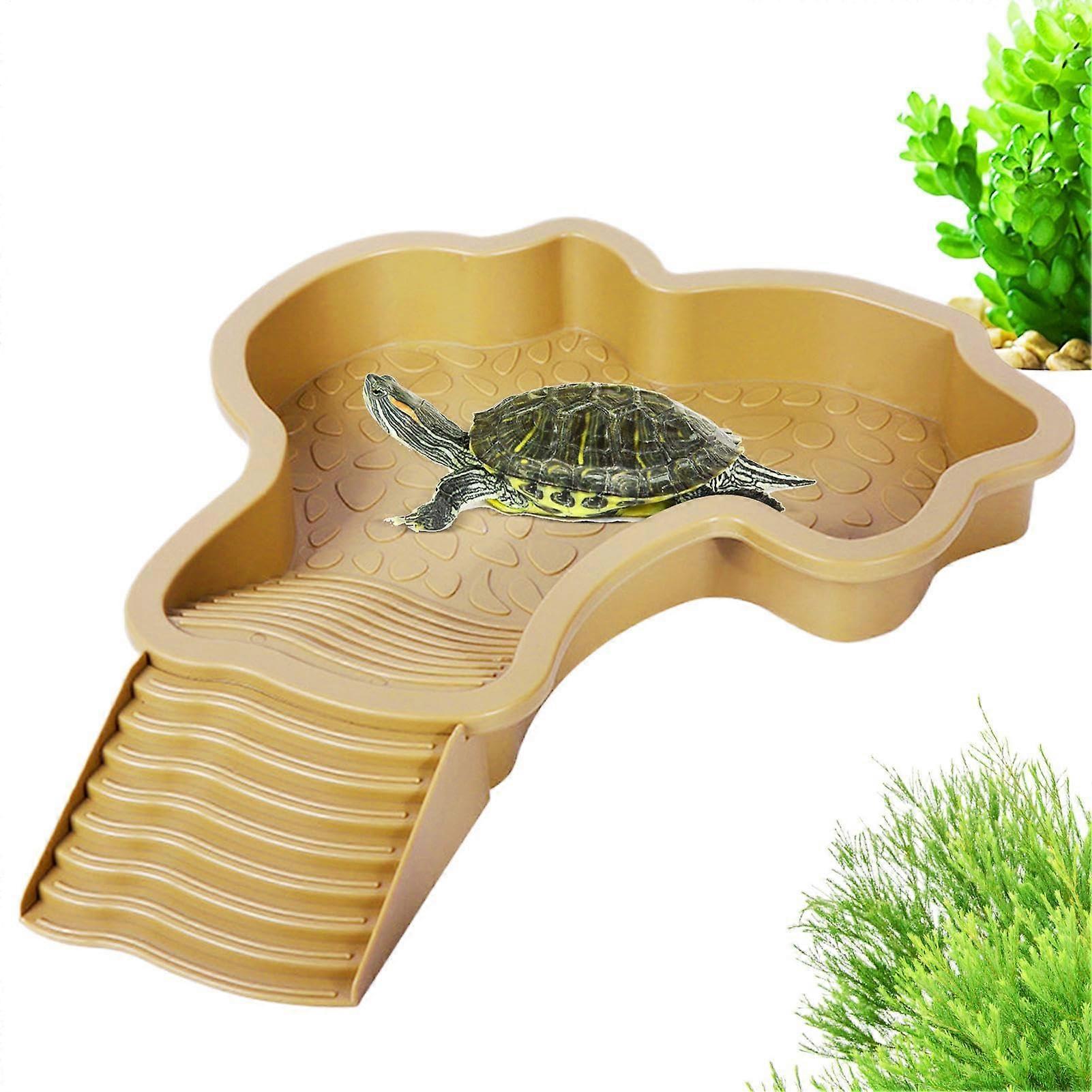Turtle Water Bowl For Tortoises With Ramp, Reptile Pool Dish For Gecko Or Snake, Easy Clean Bowl, Brown Decor