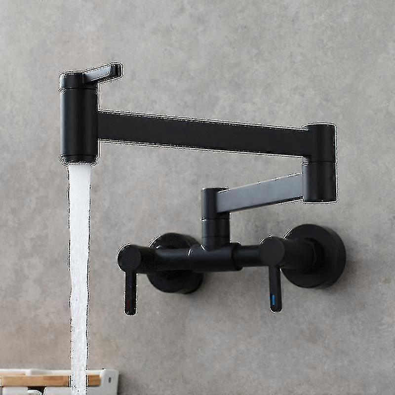 صنبور حوض مطبخ قابل للطي بمقبضين من النحاس الذهبي مثبت على الحائط مزود بذراع متأرجح