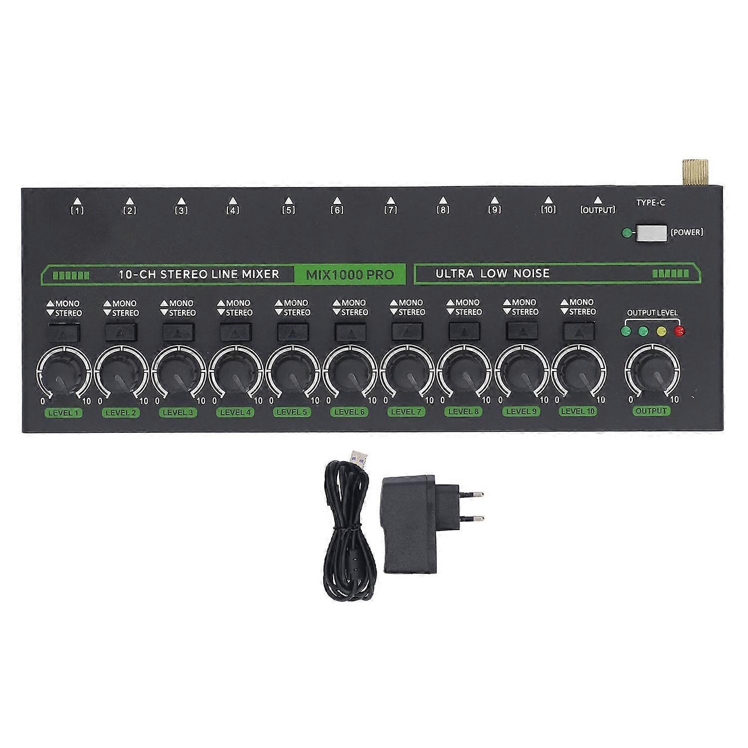 10 Channel Mixer with RGB Light Low Noise Stereo Mono Switching Line Audible Mixer 1/4 TRS TS for St