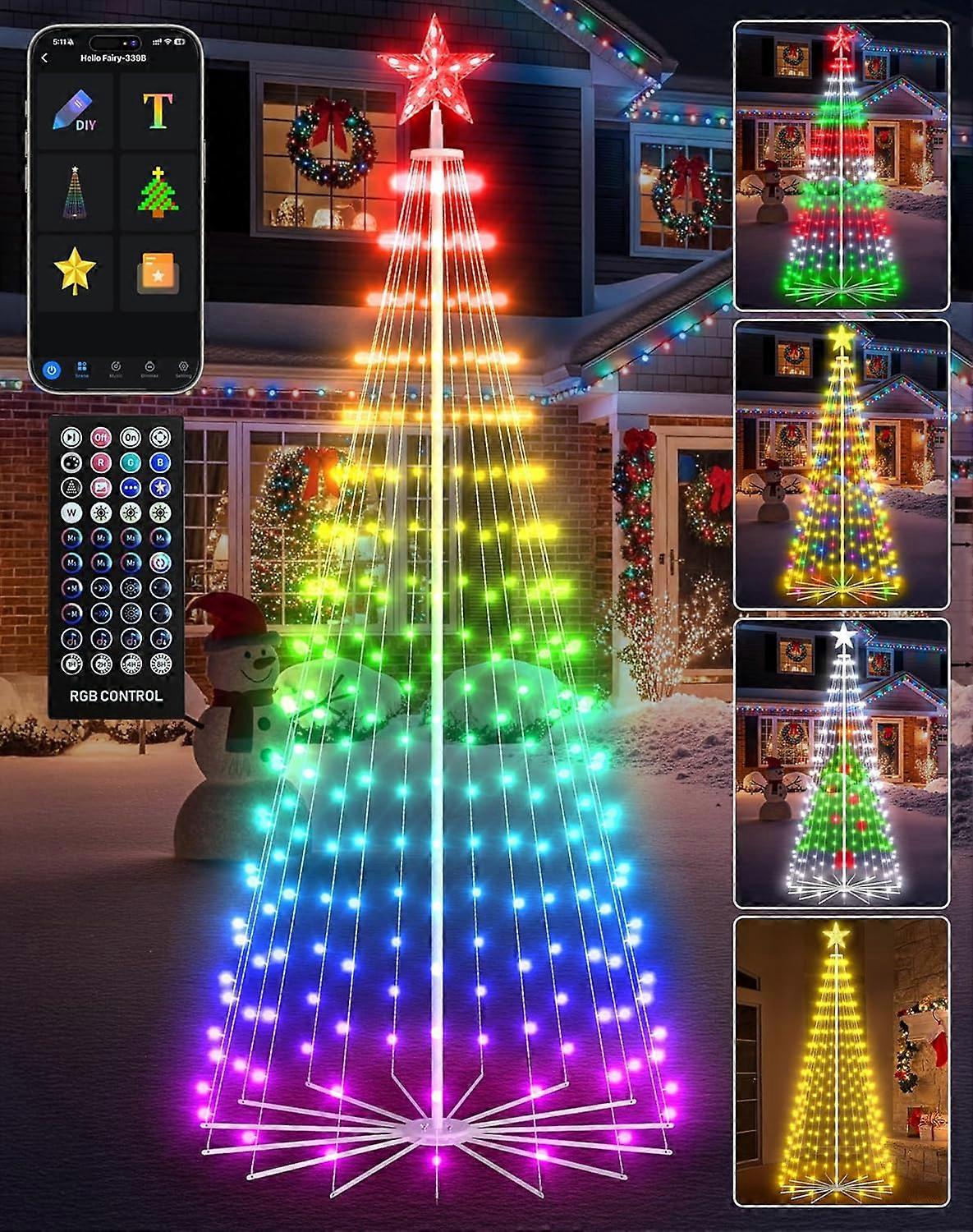 2.4M Smart Xmas Cone Tree, APP Controlled DIY Outdoor Xmas Decors Light Up Colour Changing, Music Dimmable Mains Powered Waterproof LED Cone Tree f...