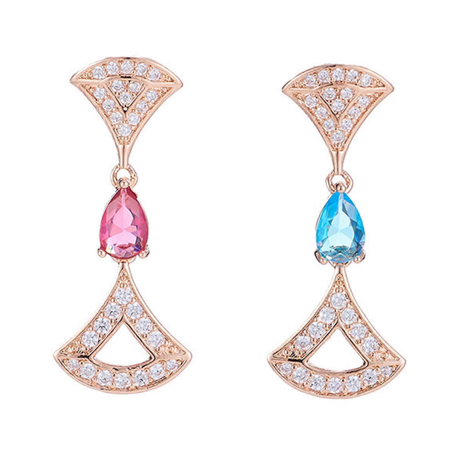 Elegant Fan Shaped Drop Earrings With Sparkling Zircon Stones In User Friendly Copper For Formal Event Multicolor