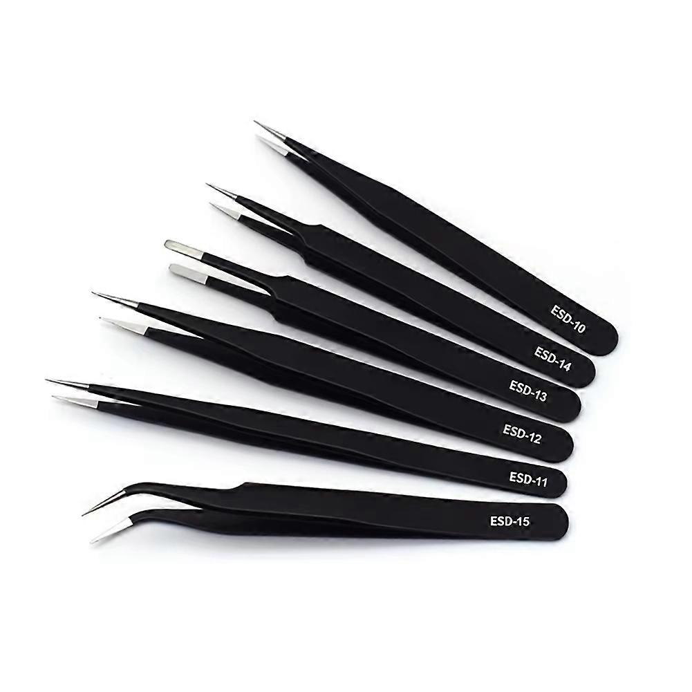ESD Anti-Static Tweezers 6-Pc Practical Stainless Steel Tool for Electronic Repair and Process Modeling,Bending