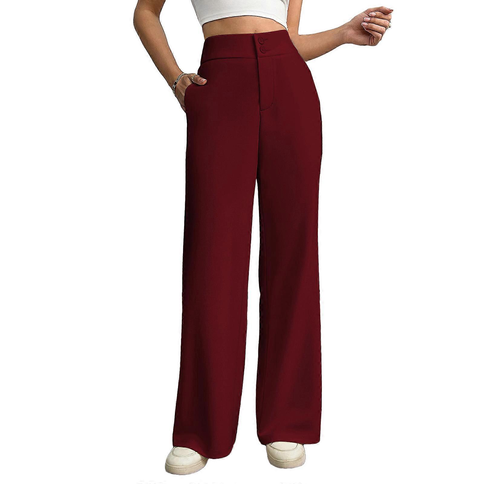 Womens Pants Wide Leg Stretchy Business Pants With Pockets Elastic Waist Button Front Casual Flared Trousers  Burgundy XL