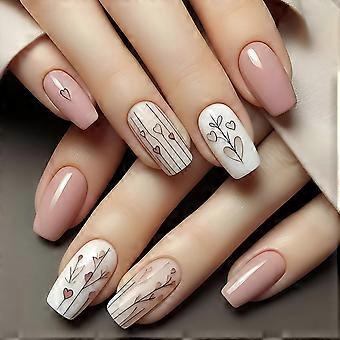 Short French Press on Nails with Heart Design, 24pc Square Acrylic Fake Nail Kit for Women