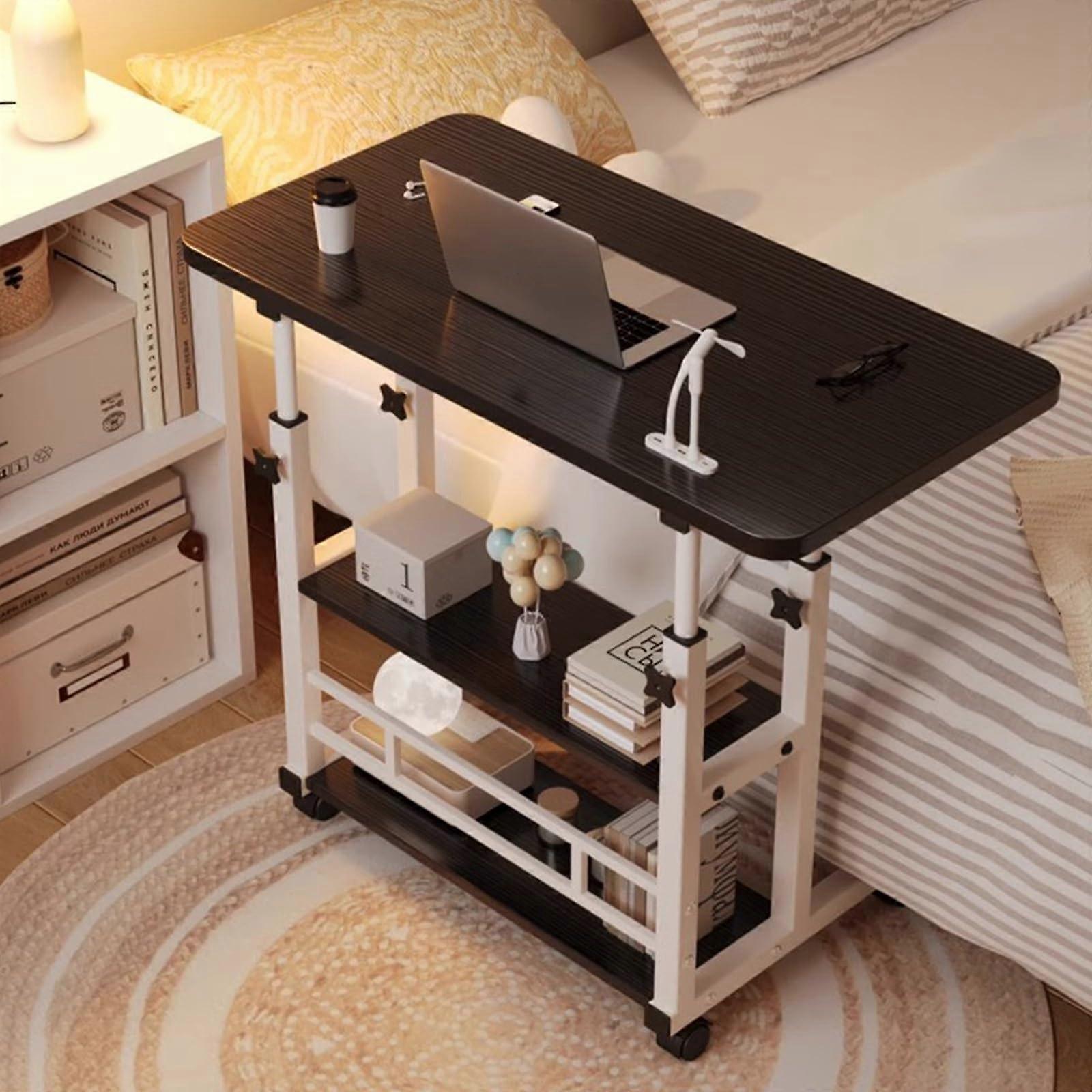 Overbed Table with Wheels Adjustable Height Laptop Desk with Storage Shelf for Bedside Sofa Black 80cm