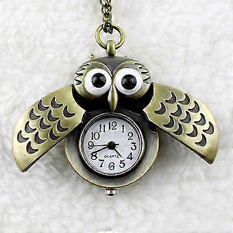 Vintage Bronze Owl Pocket Watch Necklace with Long Chain