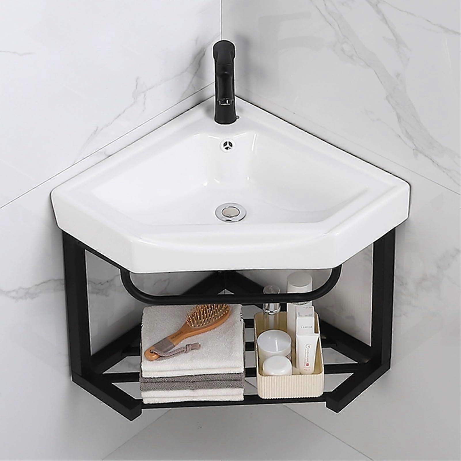 Corner Bathroom Sink with Storage Rack, Wall Mounted Triangle Vanity, SpaceSaving 47cm Design