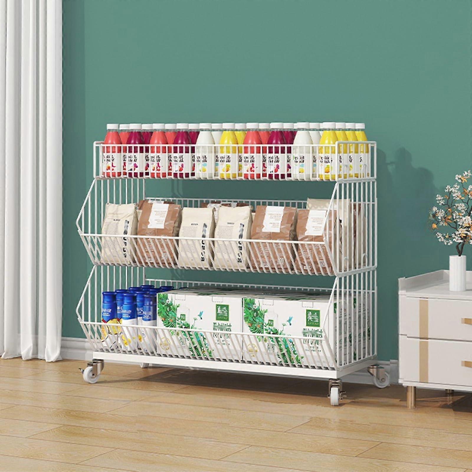 Snack Display Rack with Wheels, Stackable Wire Basket Supermarket Storage Shelf for Chips Fruit Candy