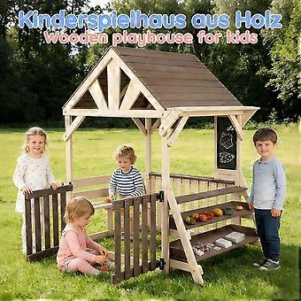 Spielhausförmiges Outdoor-Küchenset aus Holz mit regensicherem Dach und halbhohem Geländer, inklusive multifunktionalem Pflanzen- und Spielzeugregal. Geeignet für