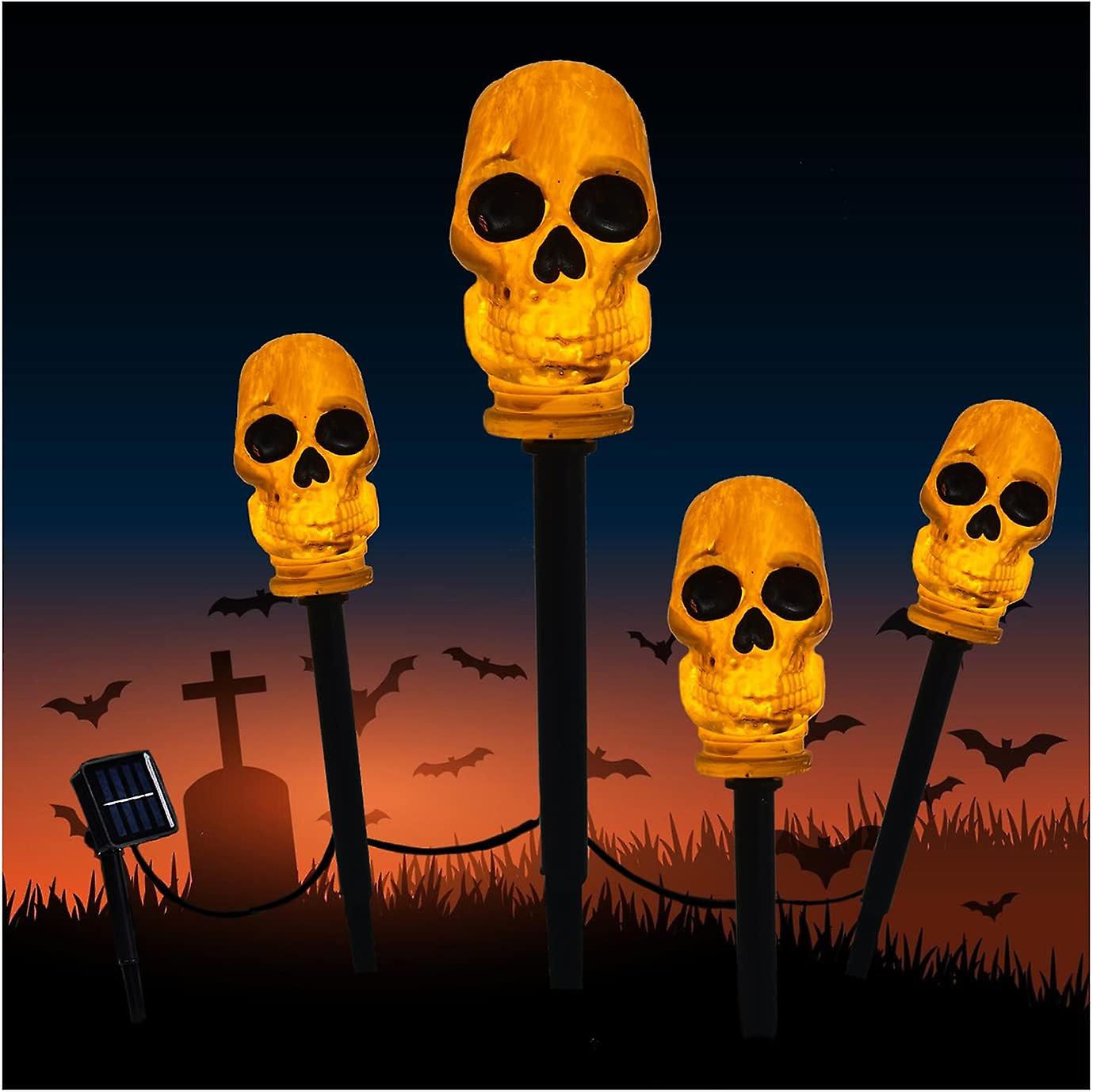 קישוטי ליל כל הקדושים אורות שמש חיצוניים, אורות גולגולת גולגולת מוארים באור כתום, אורות מיתרים, 4 יחידות ליל כל הקדושים גן ערימת אורות שמש, ליל כל הקדושים 