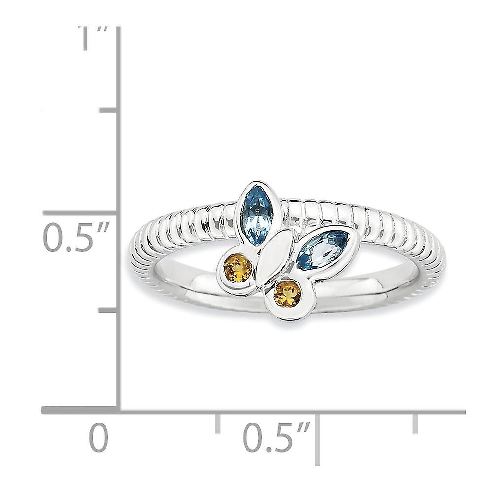 2.5mm 925 Sterling Silver Bezel Polished Stackable Blue Topaz and Citrine Butterfly Angel Wings Ring Stackable Ring for