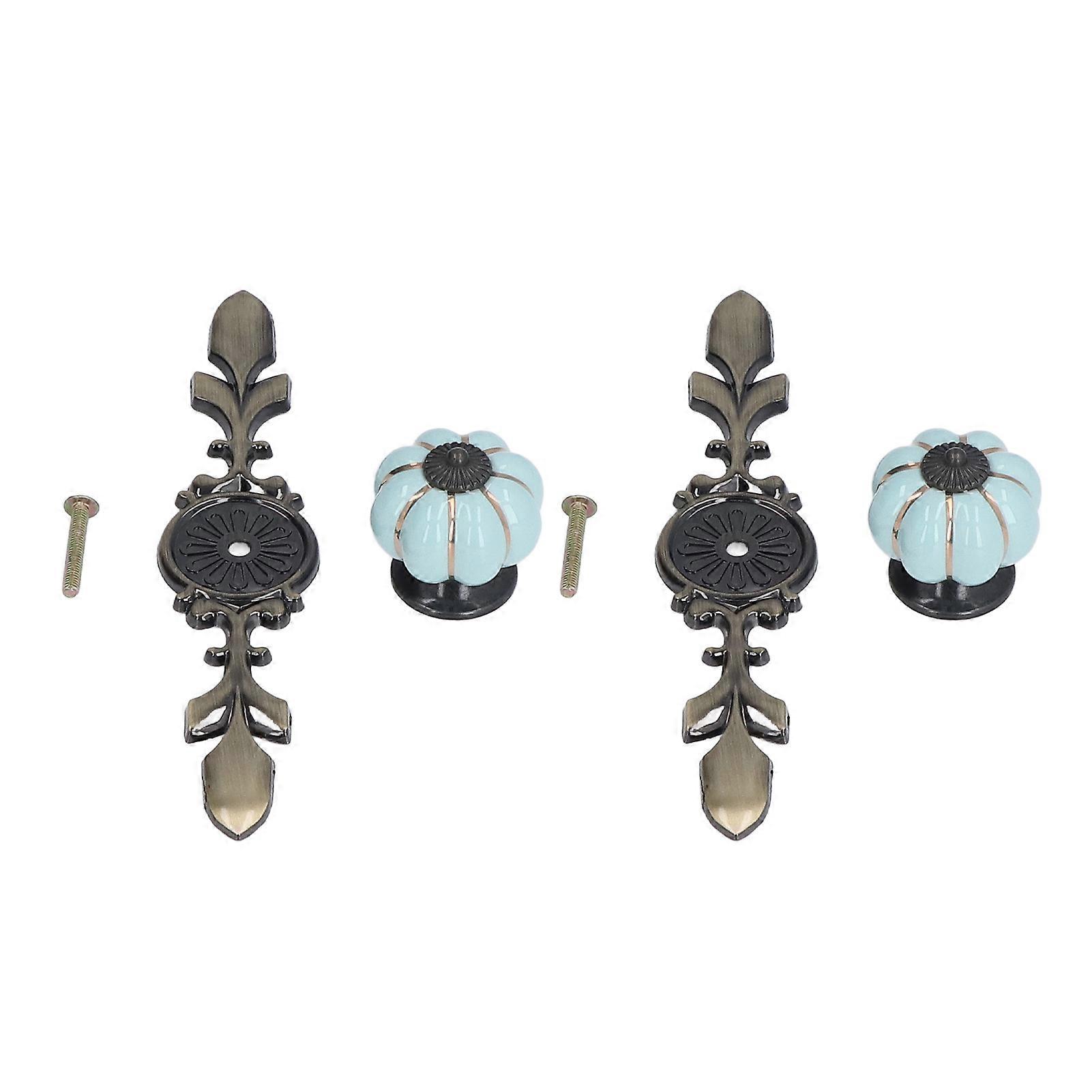 2pcs/set Hand Painted Pumpkin Drawer Knobs Chinese Pastoral Style Ceramic Cabinet HandleLight Blue