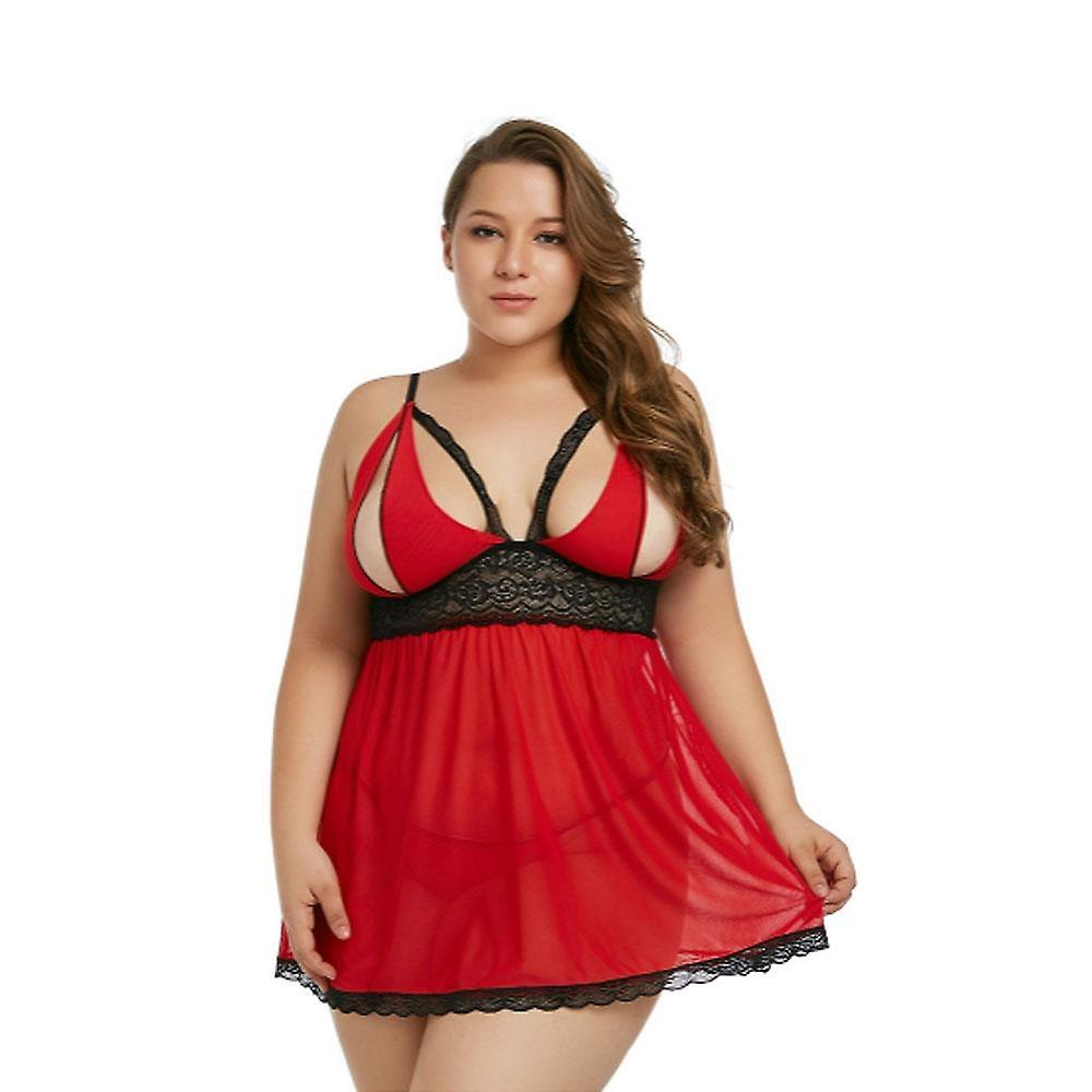 Women's Plus Size Lingerie Red Babydoll Lace Split Cup Sleepwear Chemise Set(Red XXL)