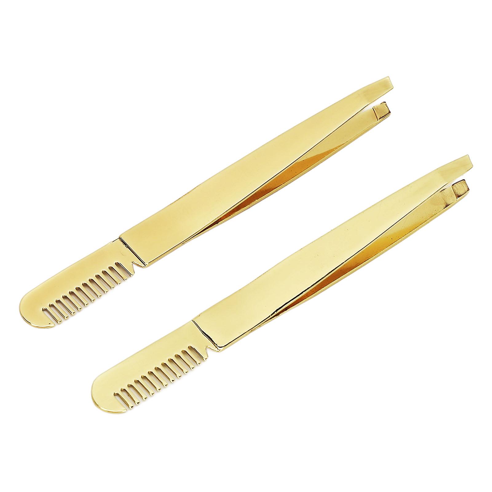 2pcs Slant Pointed Tweezer Comb Stainless Steel High Hardness Double Headed Tweezer Comb Golden 