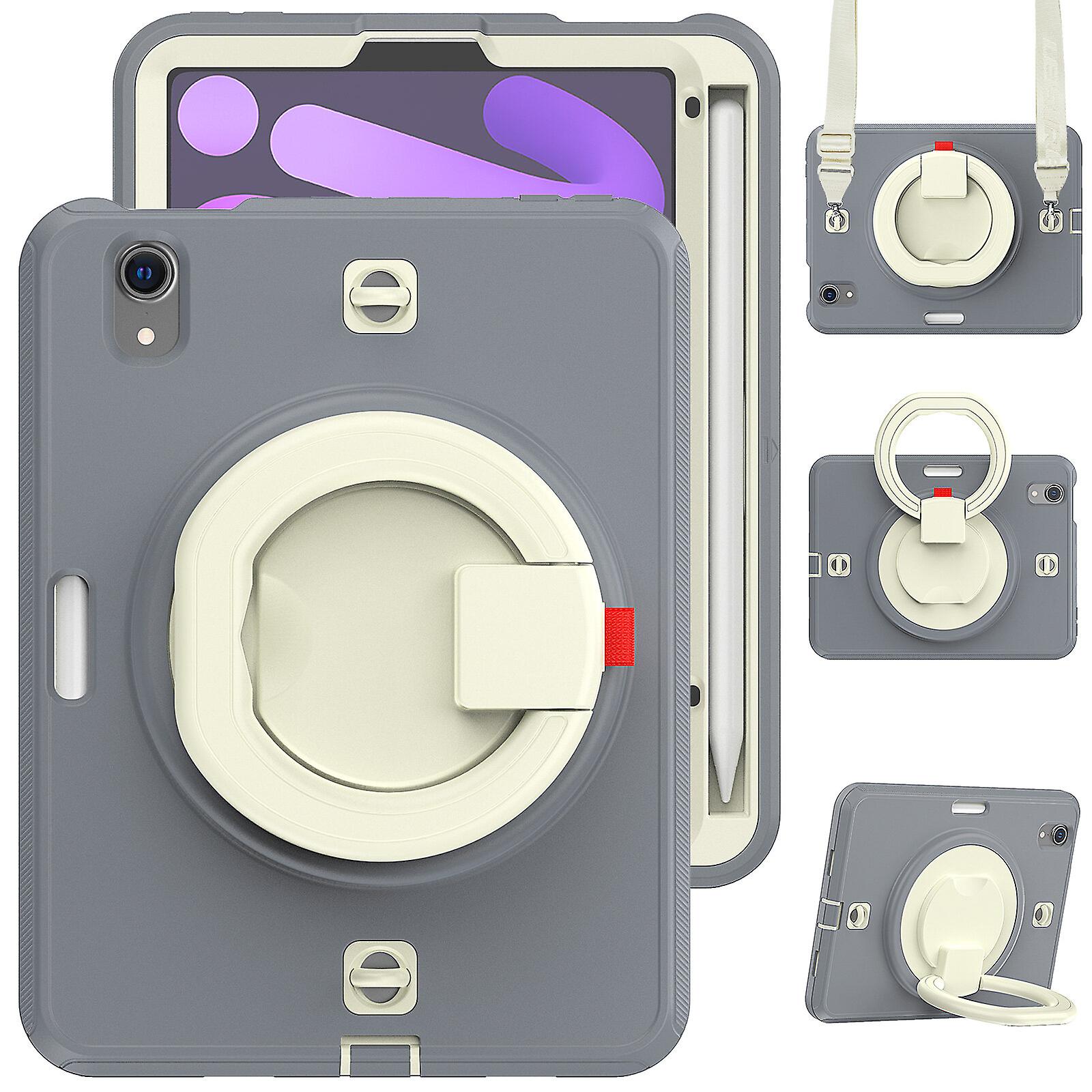 Case for iPad Mini6 with 360 Rotating Handle Stand and Adjustable Shoulder Strap, Gray