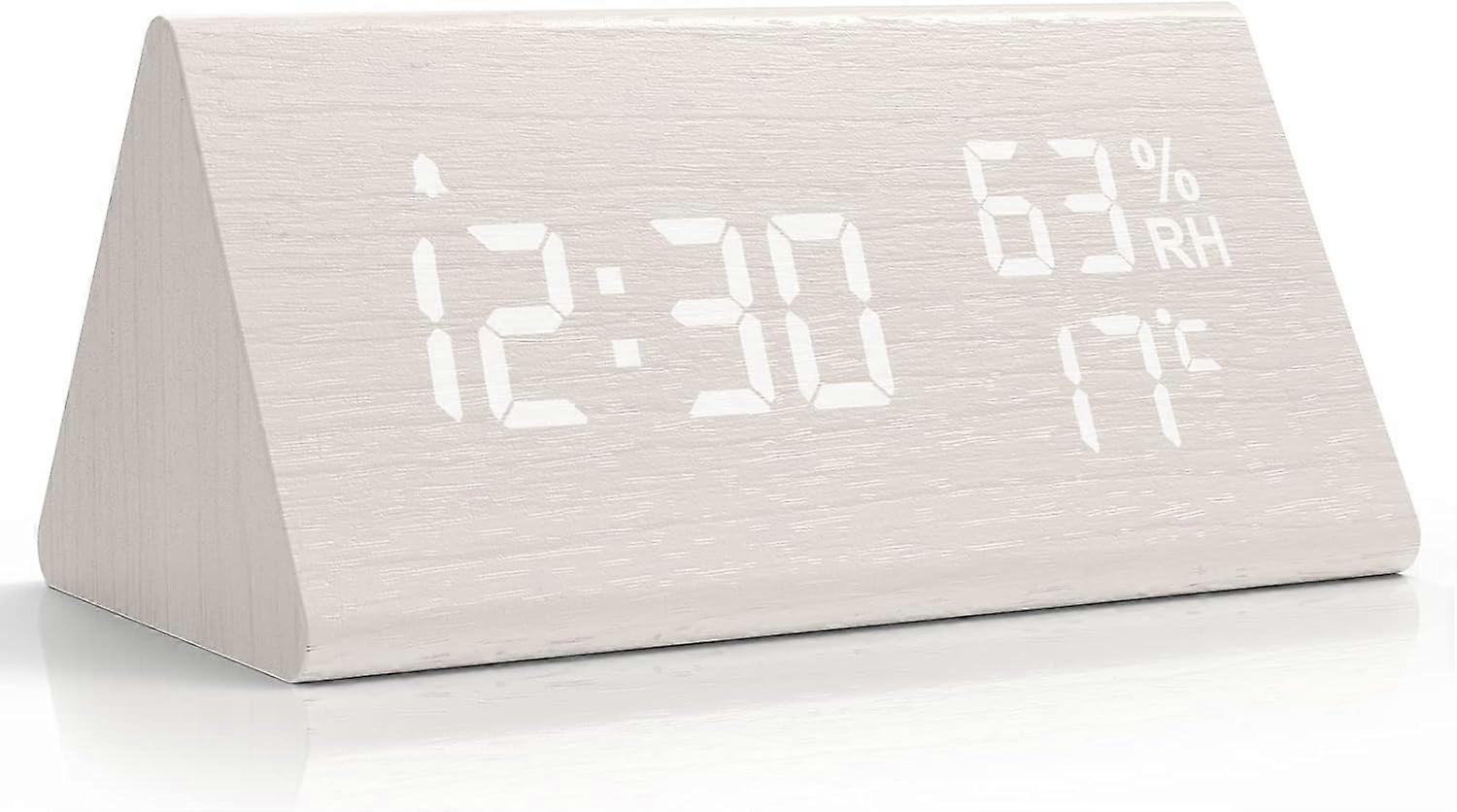 Wooden Digital Alarm Clock, Digital Clock with Snooze/Date/Temperature and Humidity - White