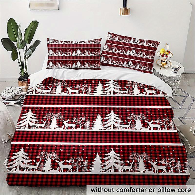 c158 3pcs Conjunto de Capa de Edredom de Feliz Natal, Conjunto de Cama de Estilo Rústico com Estampa de Alce de Árvore de Natal Xadrez, Capa de Edredom Macia e Confortável ee158