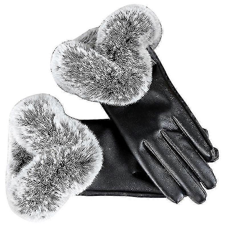 Women Winter Warm Faux Leather Touch Screen Faux Rabbit Fur Cuff Gloves Elegant -