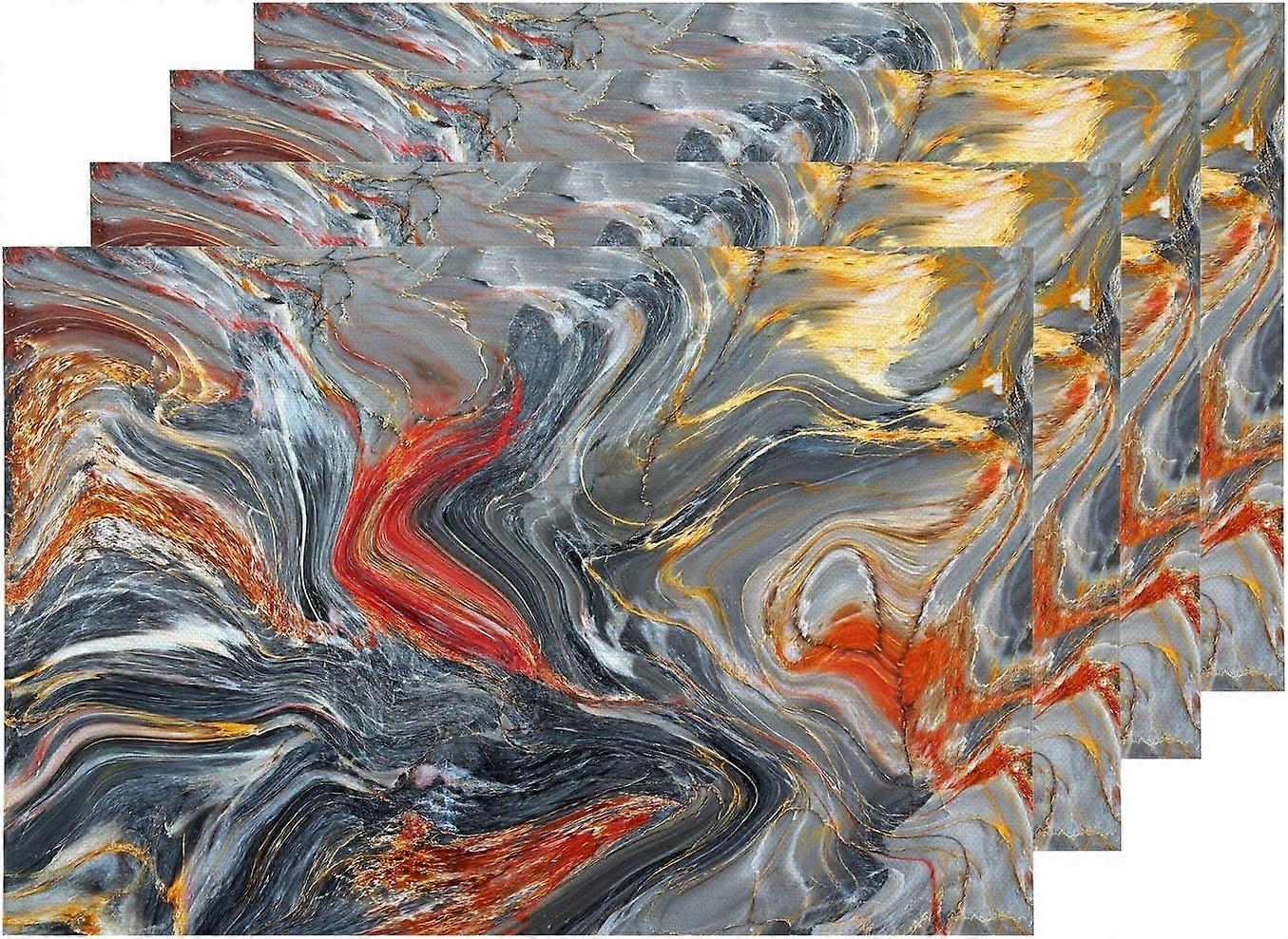 Gray Marble Texture Placemats, Grey and Red Ink Acrylic Waves Texture Table Mat Linen Burlap Washable Double-Deck Heat Insulation for Dining Table Kit