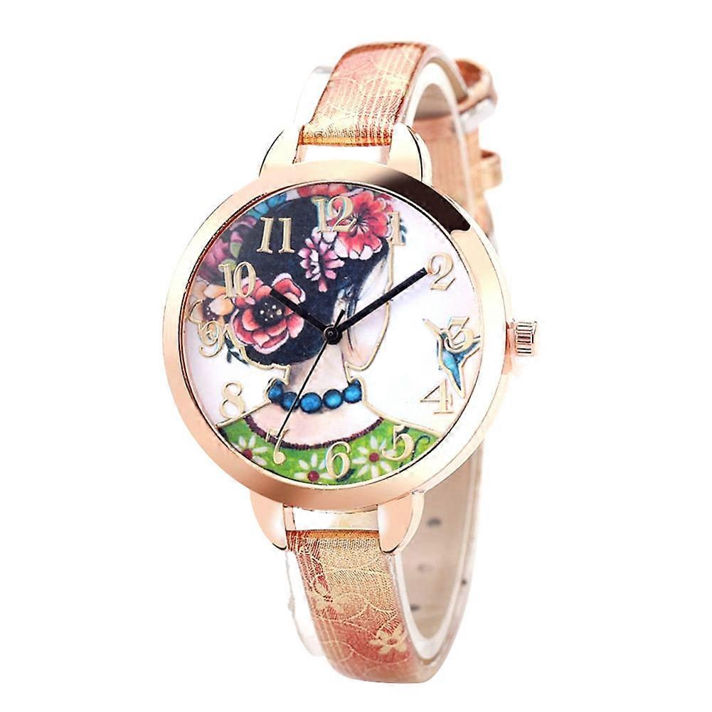 Opera Pattern Round Dial Adjustable PU Strap Quartz Analog Watch (Gold)