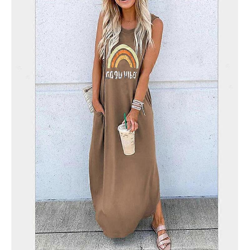 Women's new print dress irregular temperament sleeveless vest comfortable casual  loose dress female coffee color rainbow print | Fruugo QA