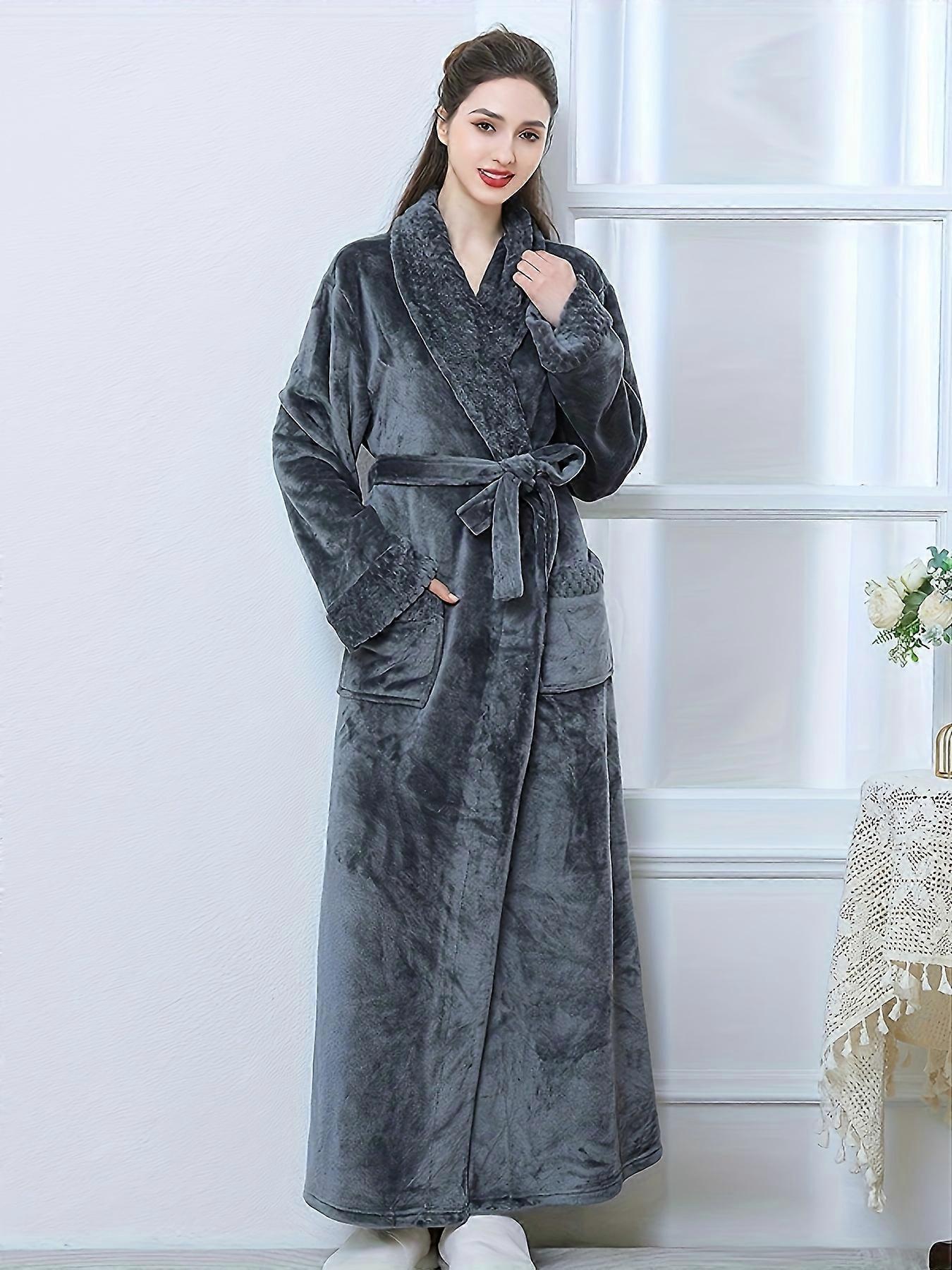 New style Solid Plush Thickened Night Robe, Casual Long Sleeve Lapel Collar Pocketed Sleep Robe With Belt, Women's Sleepwear