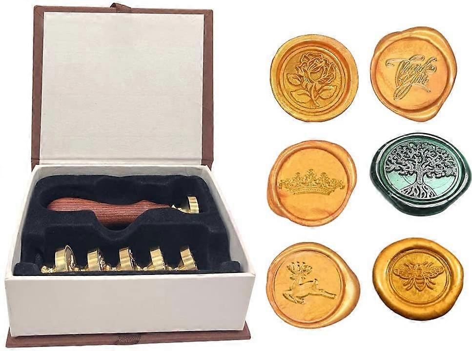 סט חותמות איטום #3Wax, ידית עץ אחת + 6 ראש נחושת איטום נשלף, ערכת חותמות חותם קלאסית וינטאג 'עם קופסת מתנה