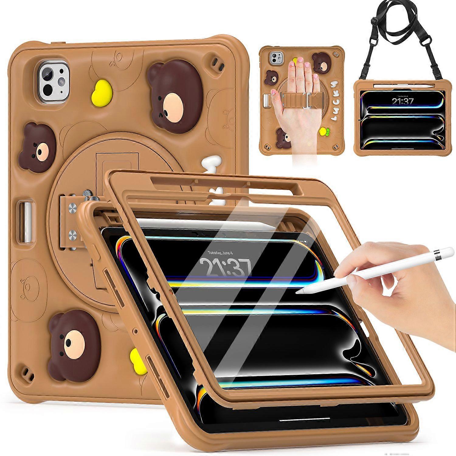 For iPad Pro 11 (2024) Case with Shoulder Strap Bear Pattern PC Silicone TPU Kickstand Tablet Cover