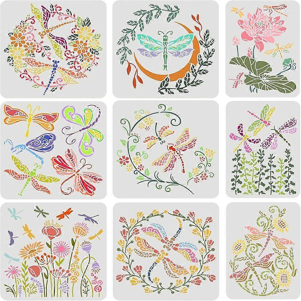 1Set 9PCS Dragonfly Flower Stencils 2 Size Reusable Flower Wreath Stencils Flower Bush Lotus Vine Drawing Stencils DIY Art and Craft Stencil Large Ste