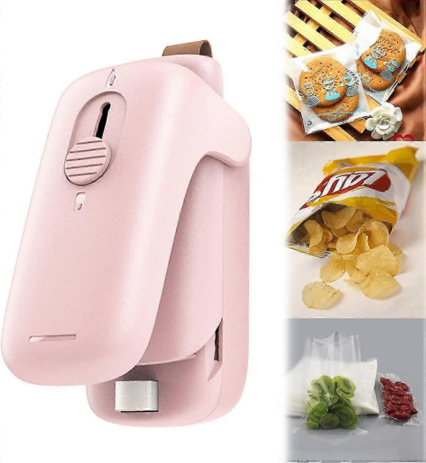Mini Bag Sealer, 2 IN 1 Portable Heat Sealer and Cutter for Snack Plastic Fresh Bags-Pink-Battery Not Included