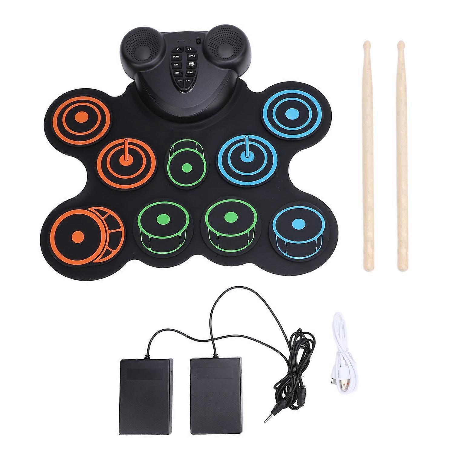 Electronic Drum Practice Pad with Dual Speakers 10 Practice Pads 7 Tone 10 Rhythms Compatible Foldin