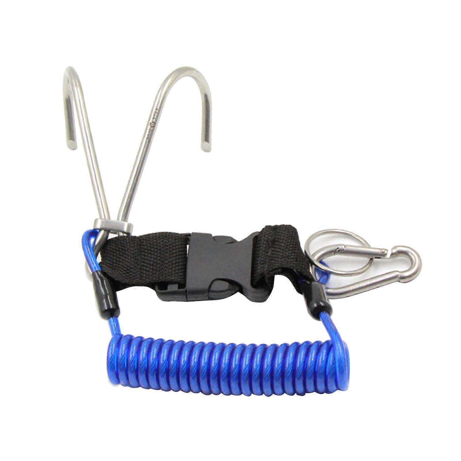 Double End Diving Hook with Spiral Coil Lanyard Diving Reef Hook Spring Anti-Lost Rope for Cameras and Diving Lights Blue