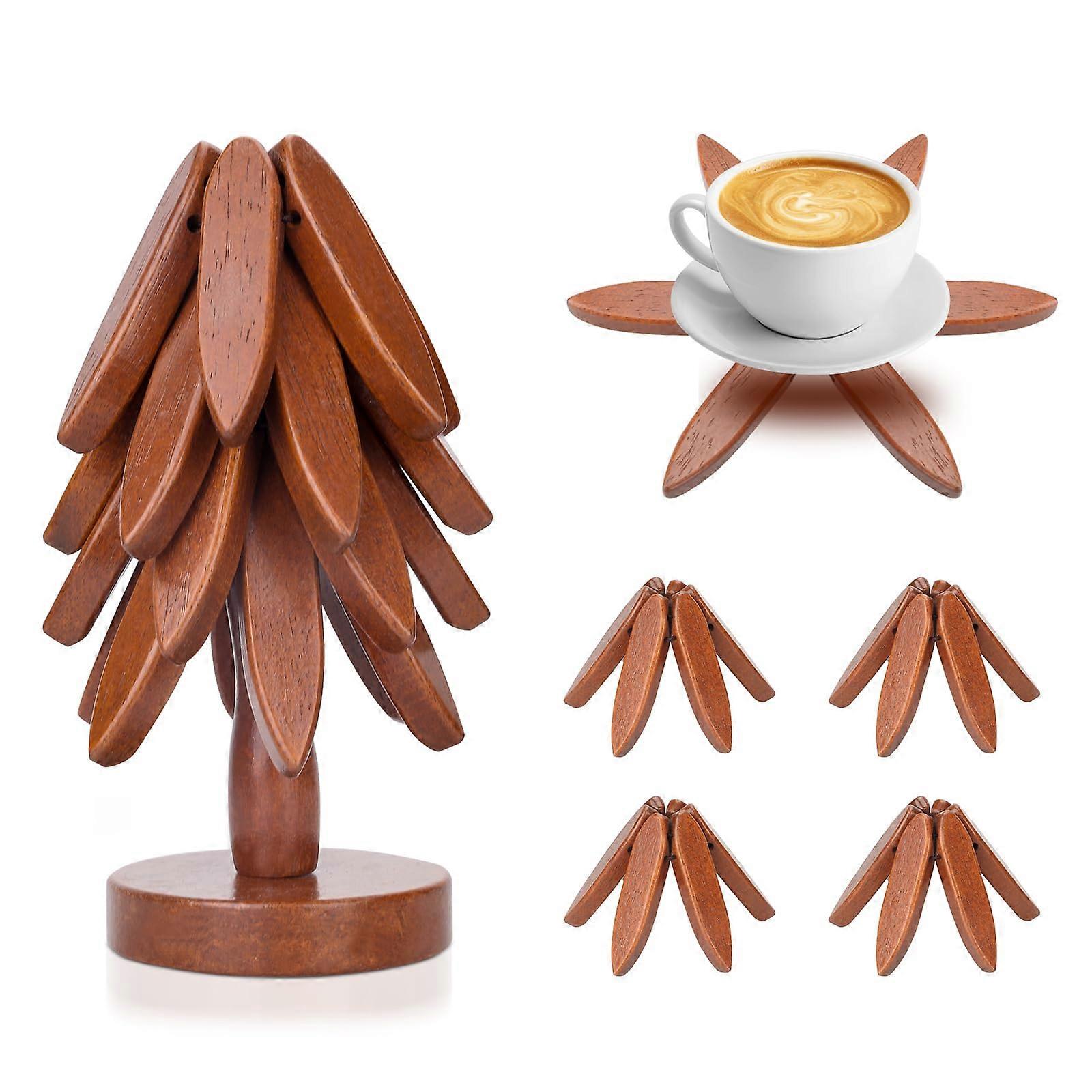 Wooden Tree Coasters with Holder - 4 Walnut Trivets for Hot Dishes, Bowls, and Pots with Foldable Design and Stand