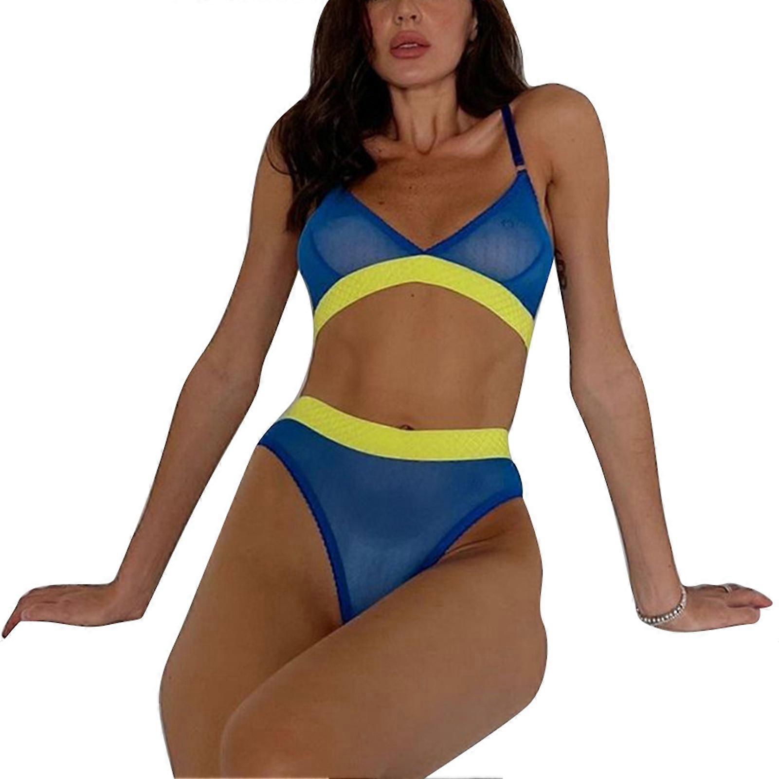 Donne Lingerie Set Due pezzi Mesh Color Blocking V Scollo a vita alta Reggiseno elastico Panty Set