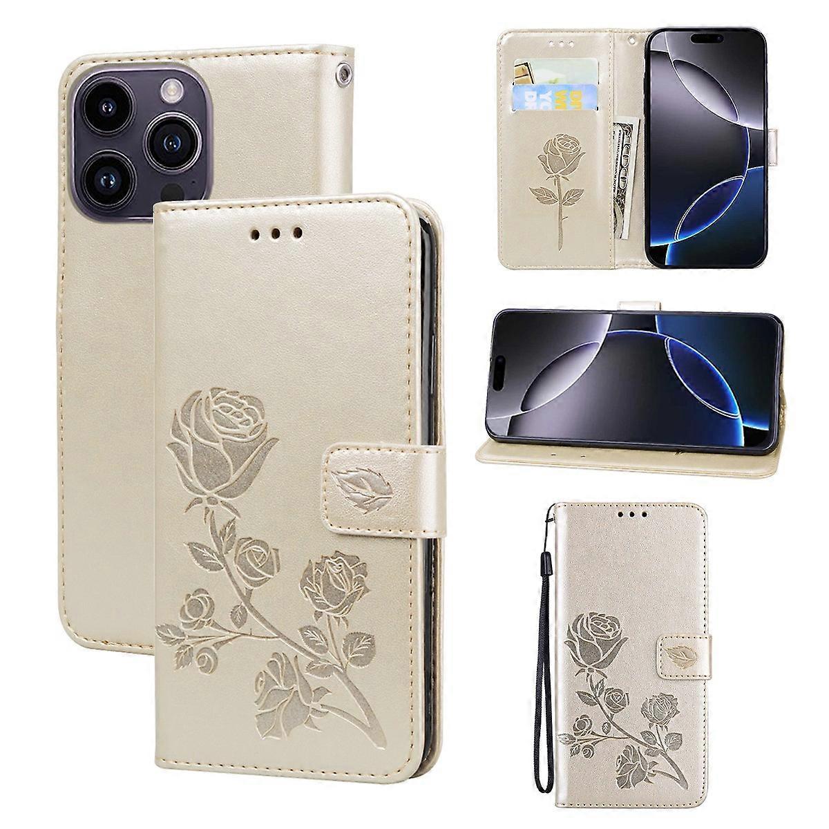 For iPhone 15 Pro Max Case Rose Pattern Leather Wallet Phone Cover with Strap