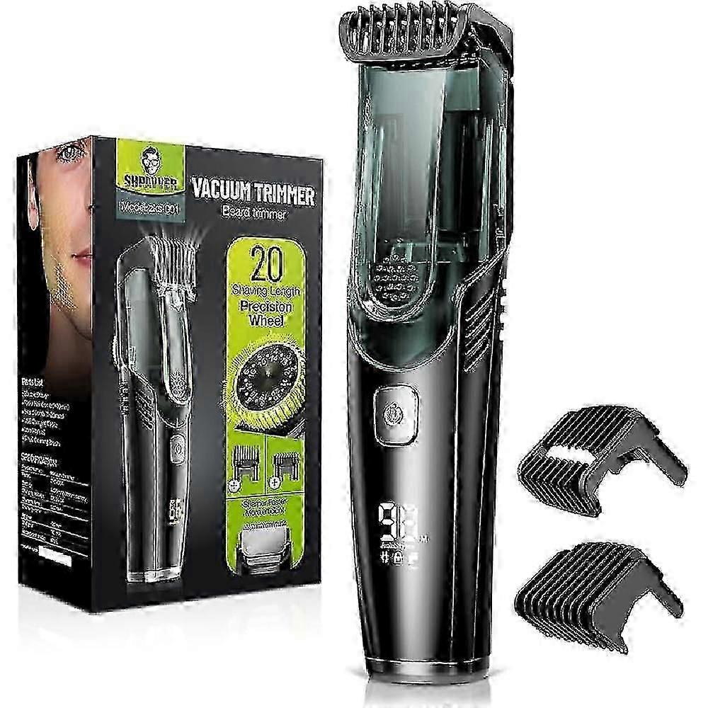 Vacuum Beard Trimmer, Rechargeable Mustache Trimmer with Adjustable Length Comb (1-20MM), IPX6 Waterproof Trimmer for Beard, Mustache and Stubble