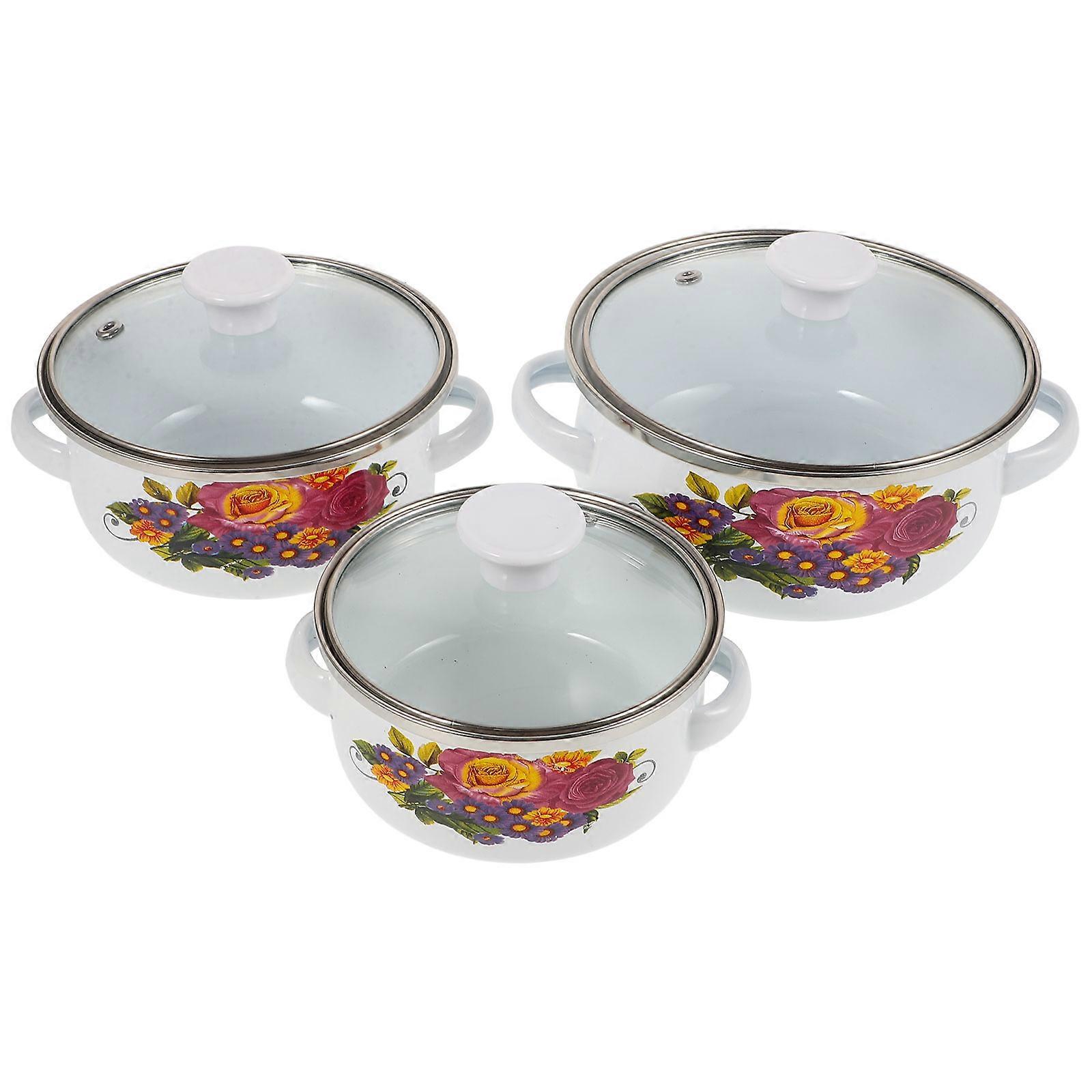 3pcs Enamel Stock Pot with Double Handles Flat Bottom Stew and Soup Pans for Home Kitchen Comfortable Heat Conduction Versatile Cooking Vessel for