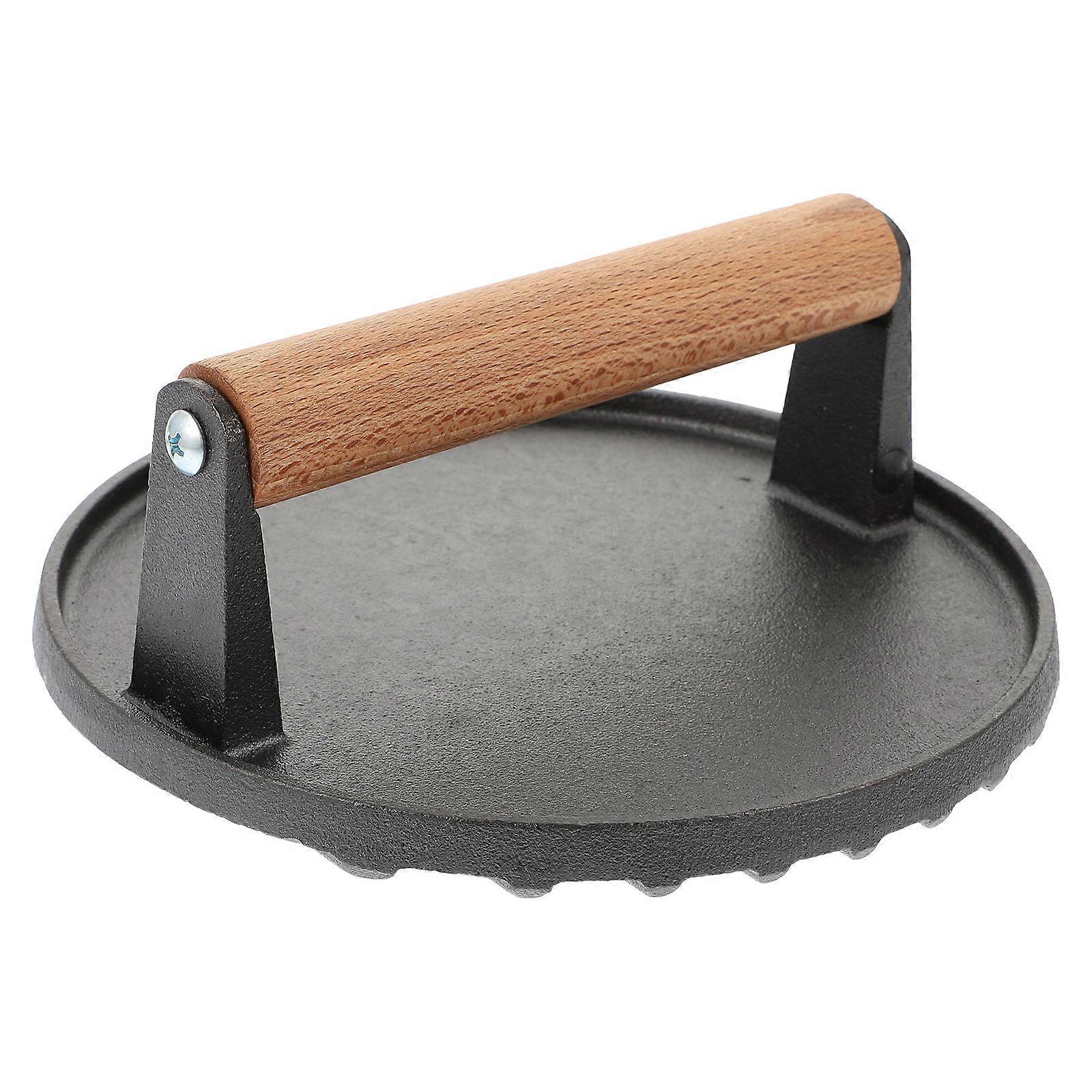 Wooden Handle Meat Press Tool with Steel Plate for BBQ and Sandwich Making Assorted Color