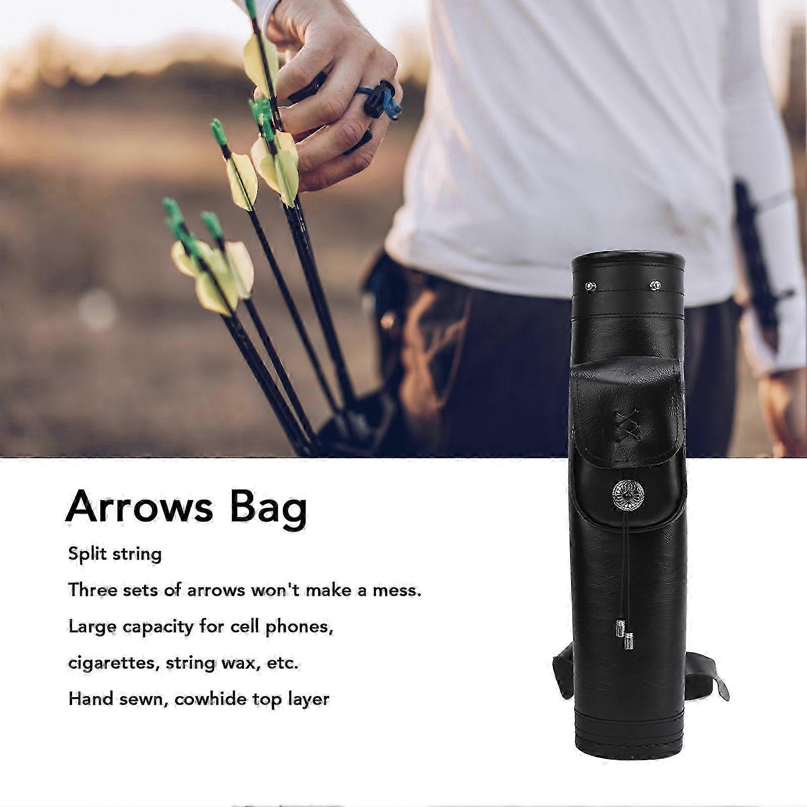 Cowhide Leather Archery Arrow Quiver Bag - Shoulder & Back Holder with Pocket for Hunting, Shooting & Target Practice in Black
